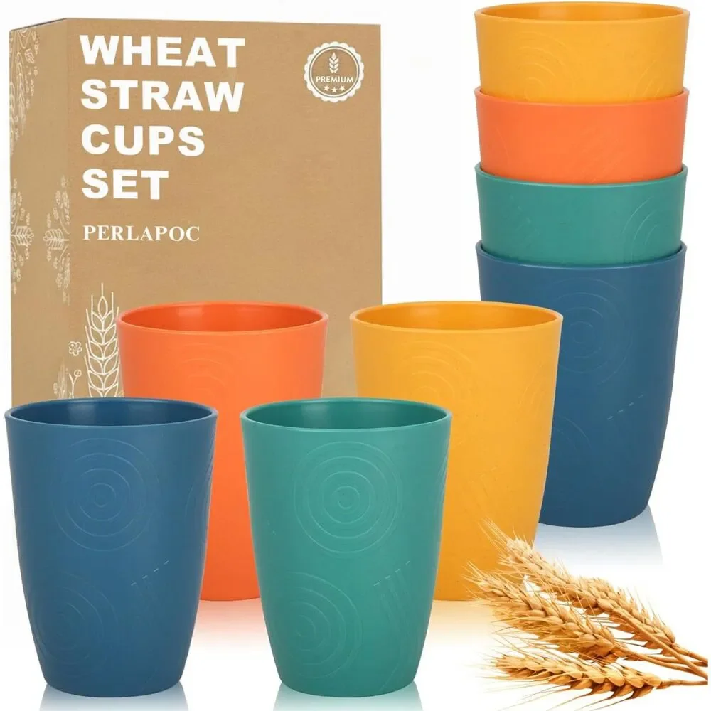 16oz Wheat Straw Cups Set of 8 Reusable Unbreakable Dishwasher Safe Multicolor